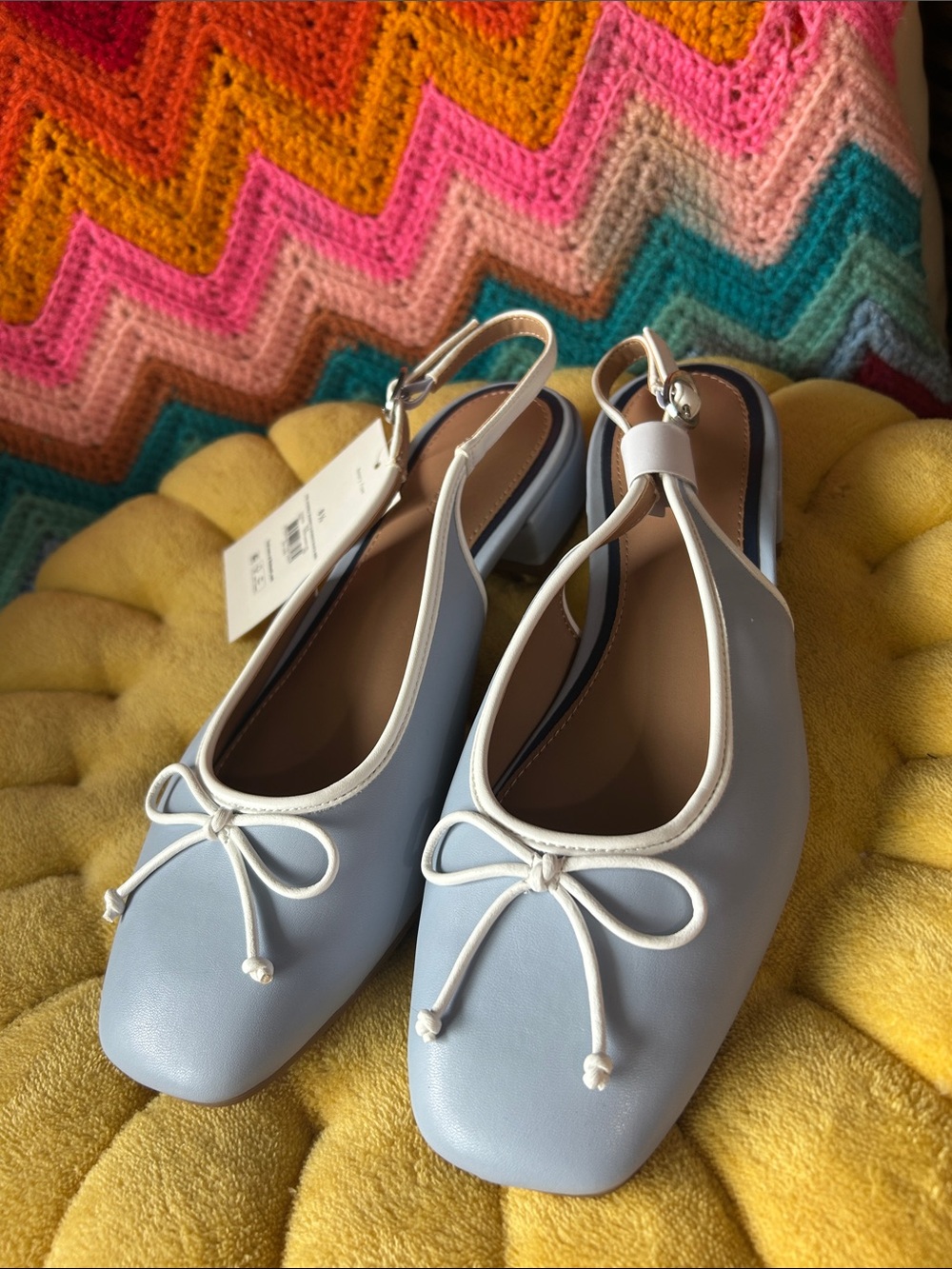 Slingback Ballet Flats in Pale Blue with White Trim and Bow